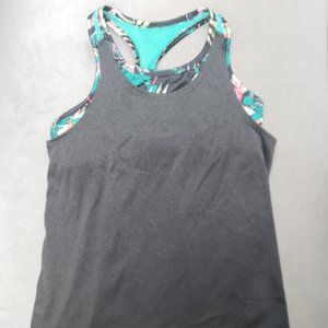 Old Navy Go Dry Open Air Black Floral Tank with Sports Bra Size L 10/12